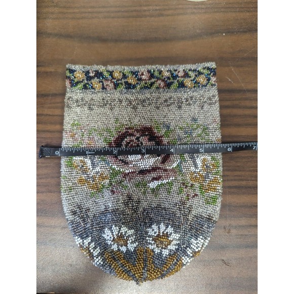 Antique Victorian Colorful Floral Rose Glass Micro Beads Drawstring Purse 1920's - Picture 7 of 7